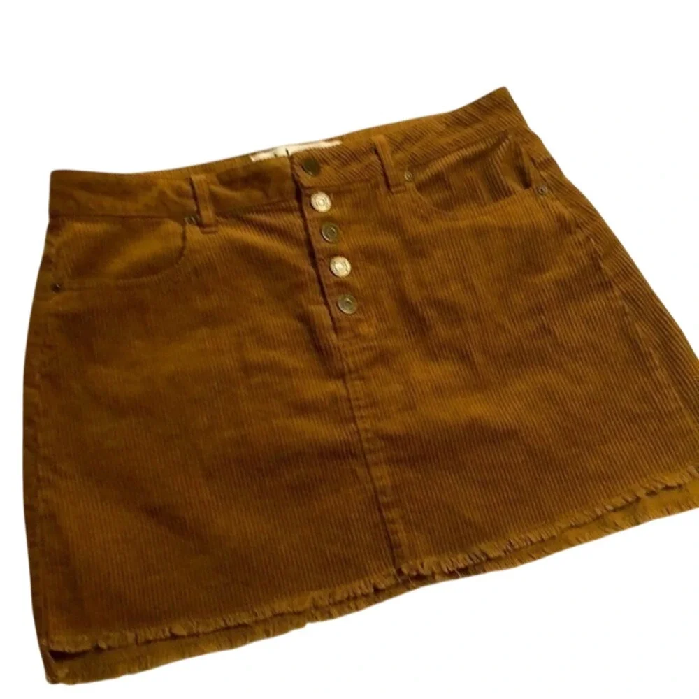 Indigo Rein Corduroy Button Front Frayed Hem Camel Brown‎ Womens Skirt Size 9/28